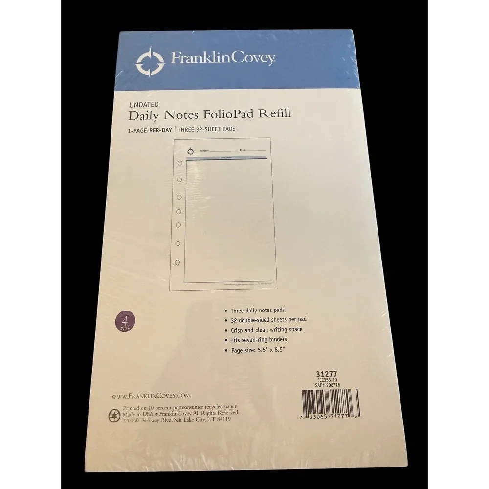 FranklinCovey Undated Daily Notes FolioPad Refill Classic Size 4 31277 3-Pack